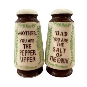 Vintage Japan Ceramic Salt & Pepper Shakers Mother Dad Themed Brown & Green
